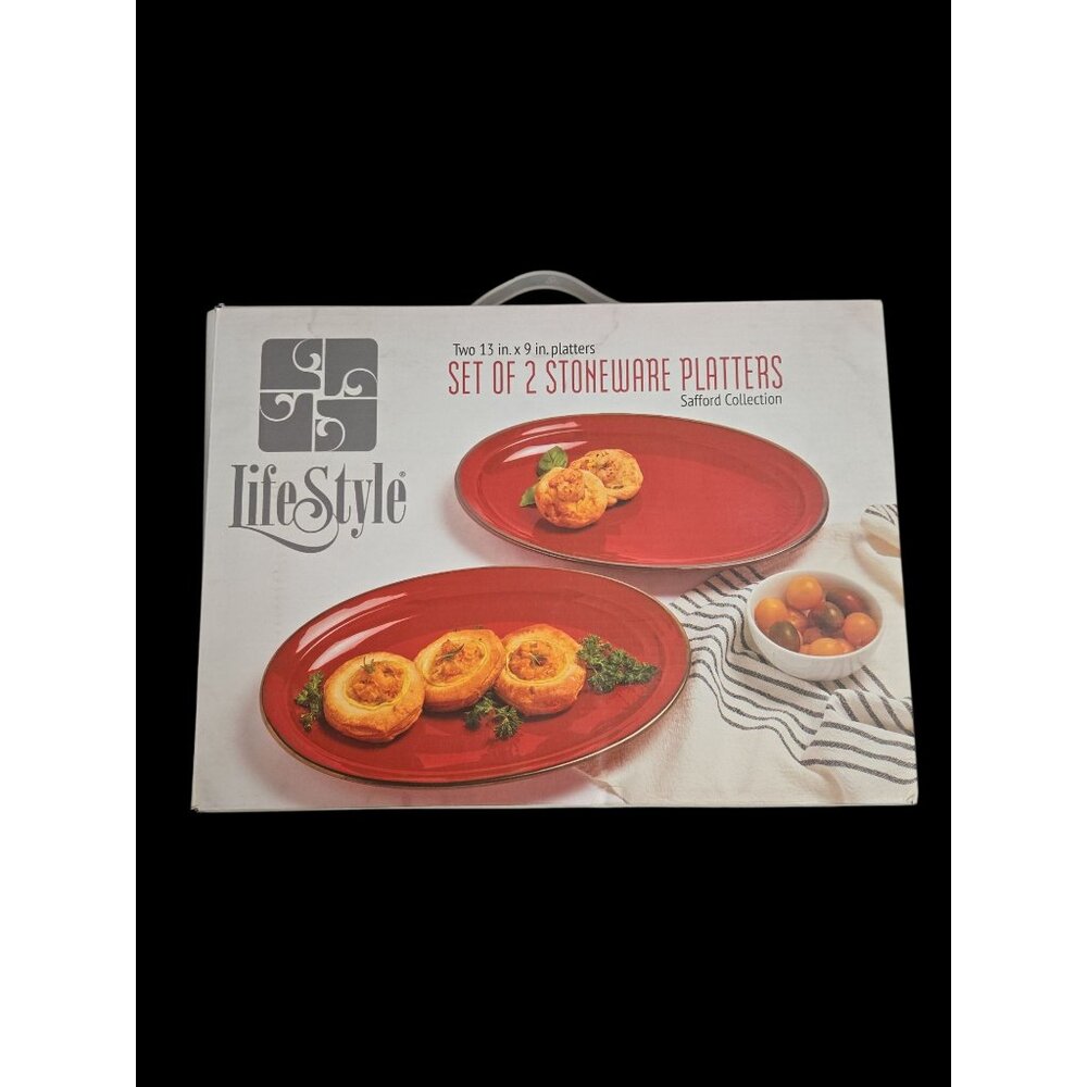NIB LifeStyle Safford Red Stoneware Platters Set of 2 – 13"x9" Oval Dishes